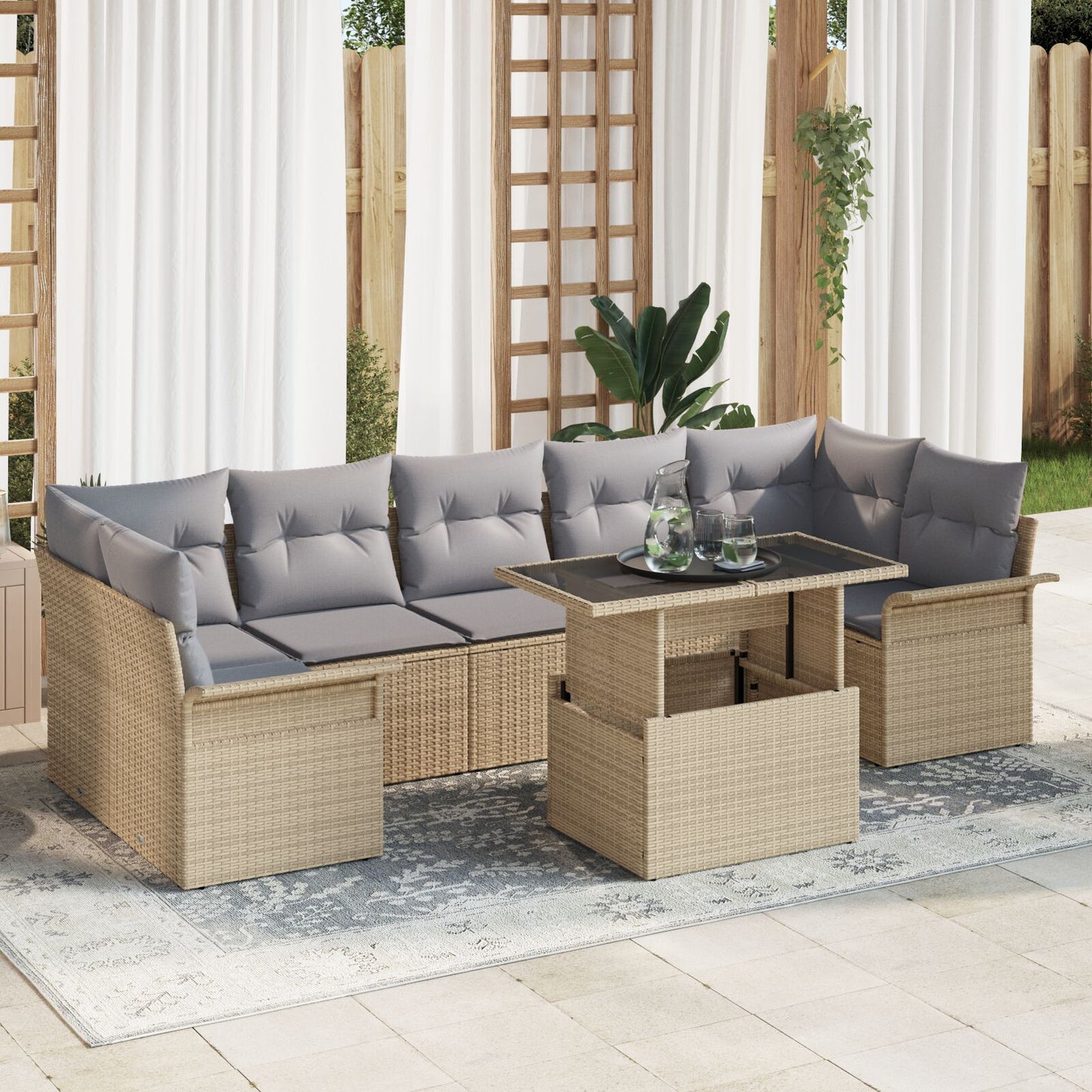 8-Delig Tuin Bankstel Met Kussens Beige Poly Rattan