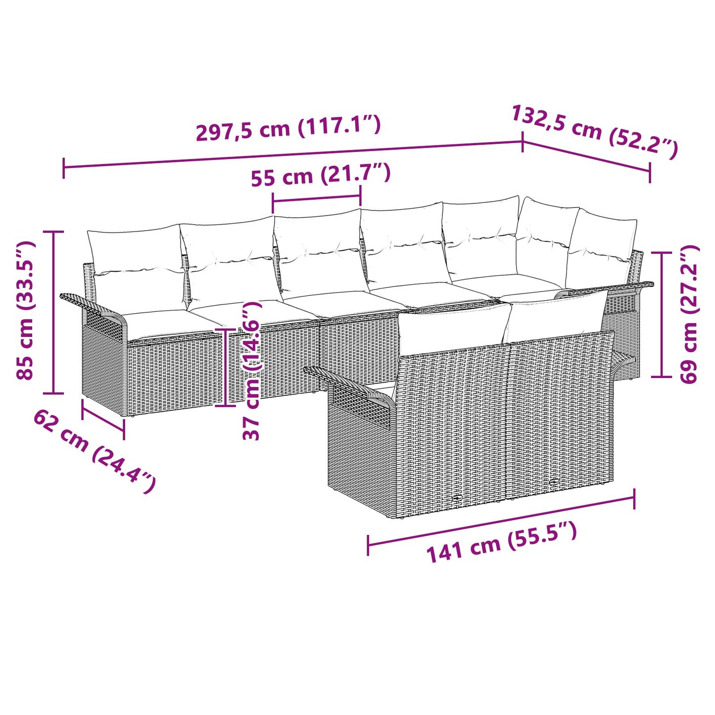 8-Delige Tuin Sofa Set Met Kussens Poly Rattan Zwart en crème zonder tafel