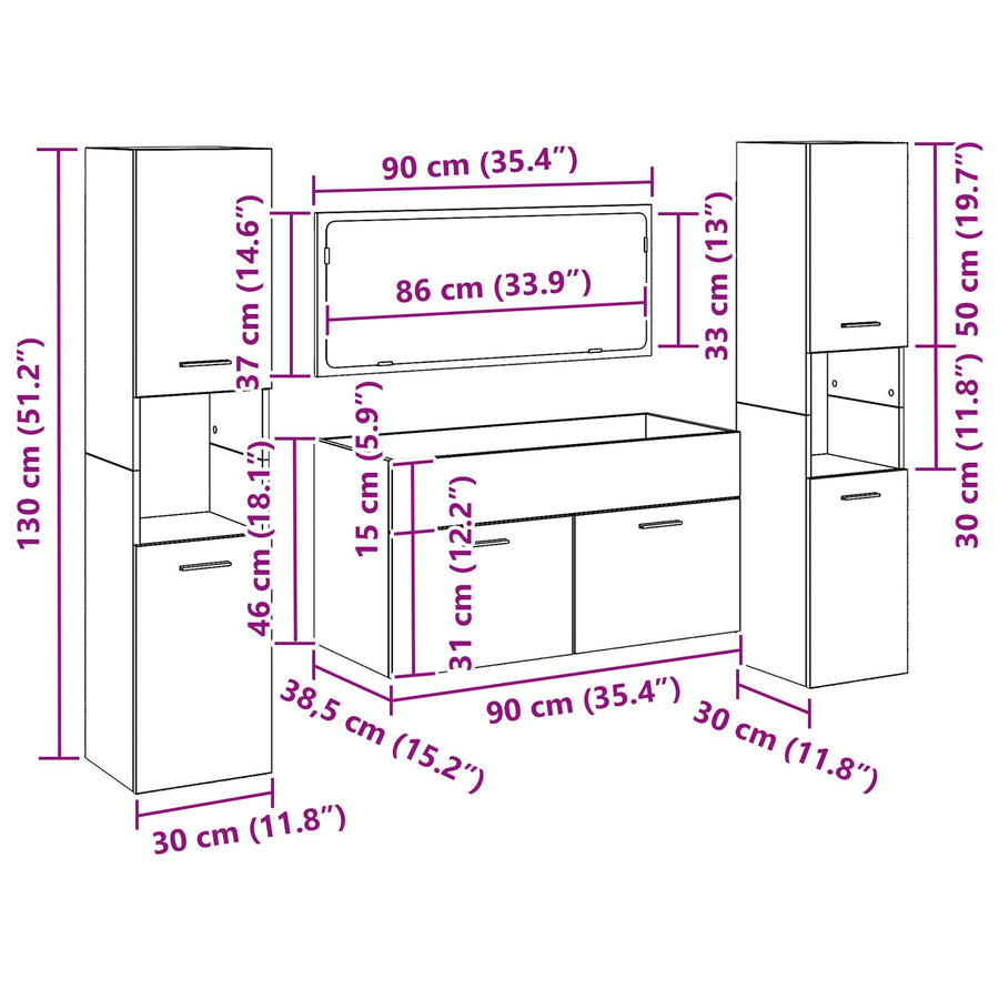 Badkamermeubelset Set Van 3 Zwart Eiken Gefabriceerd Hout