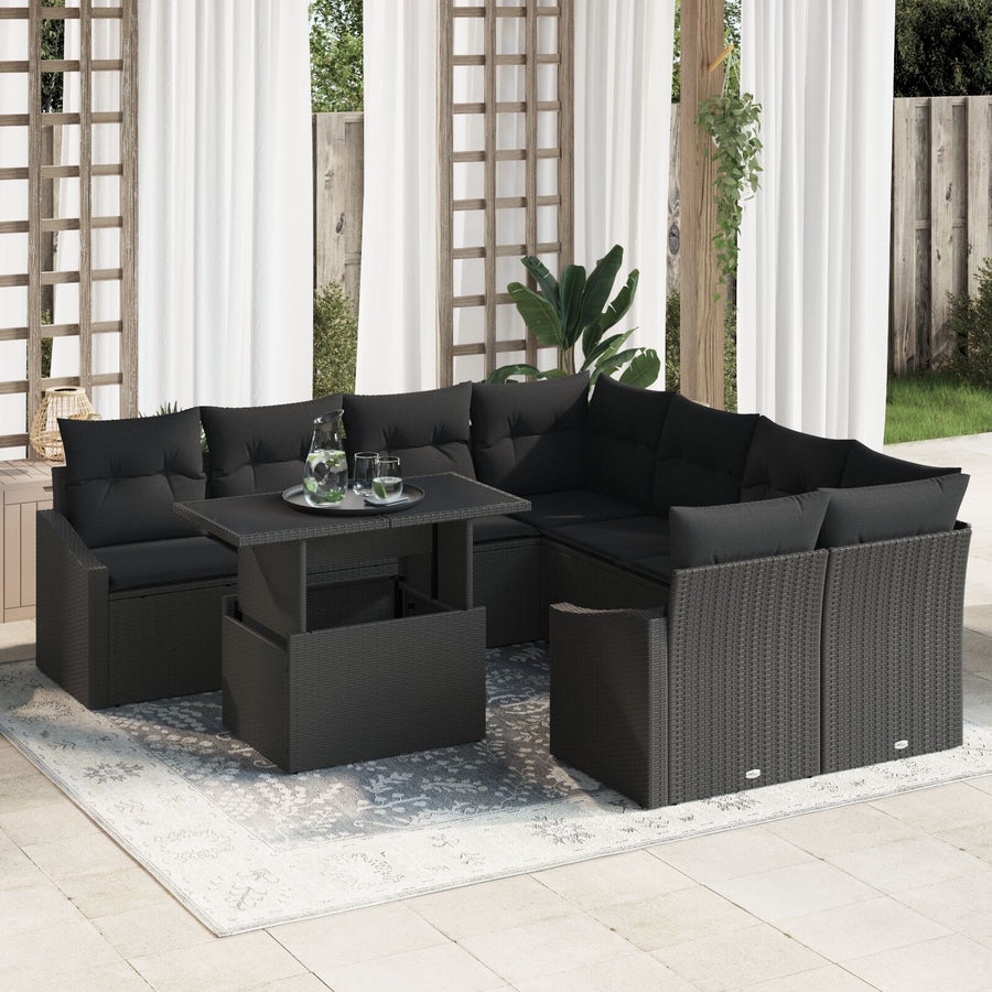 Tuin Sofa Set 9 Delen Zwart Rattan, Polyester Tuin Sofa Set