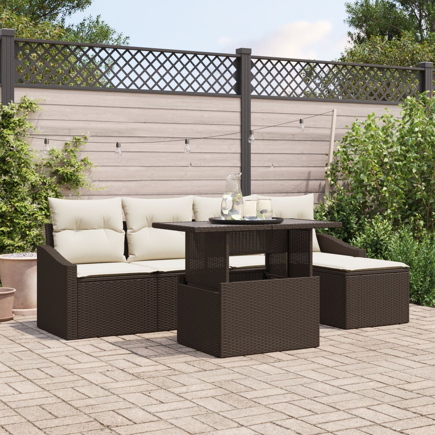 6-Delige Tuin Sofaset Met Kussens Bruin Poly Rattan