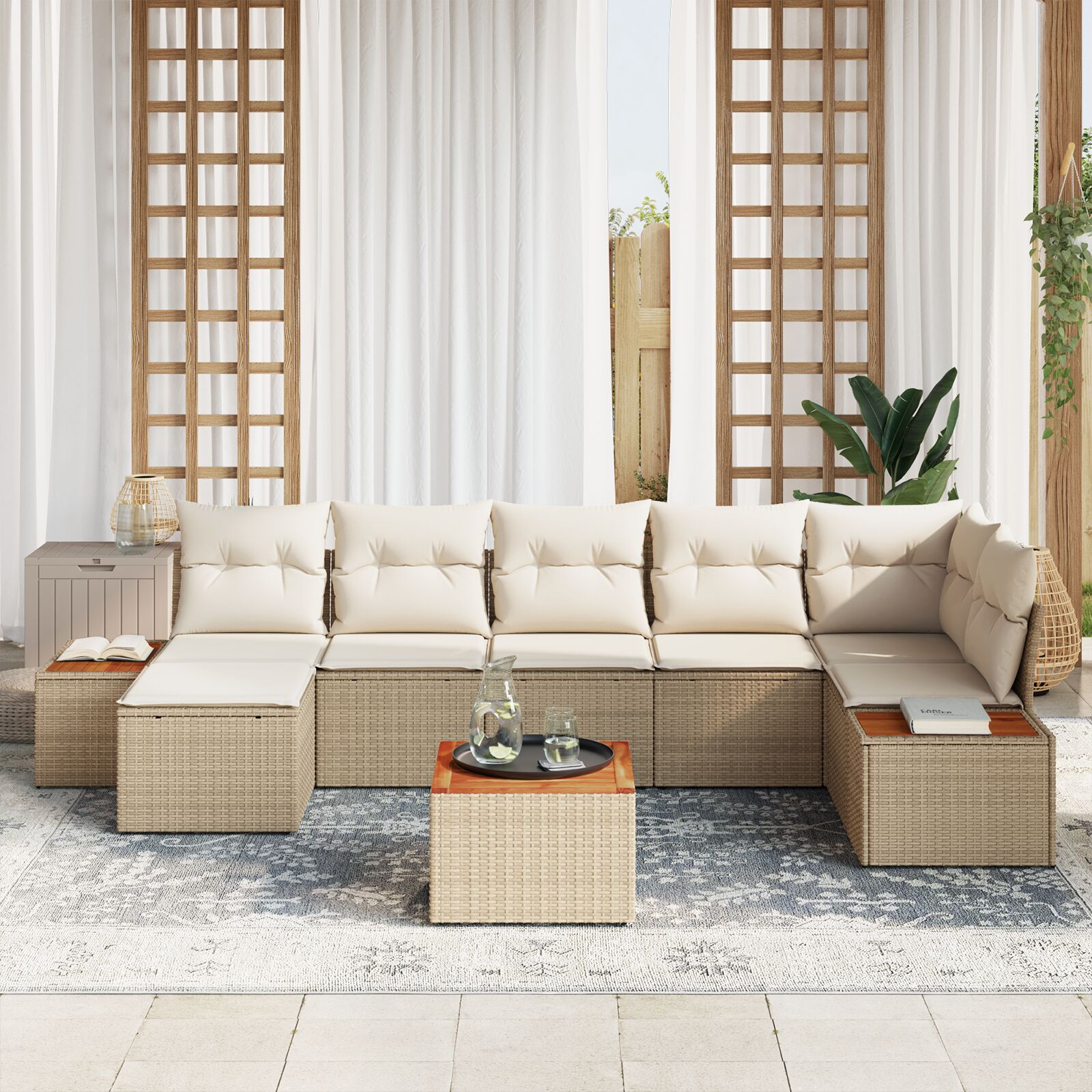 8-Delige Tuin Sofa Set Met Kussens Beige Poly Rattan Acacia