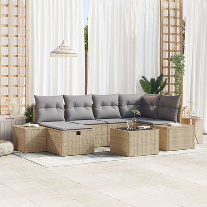 7-Delige Tuinbank Set Met Kussens Beige Poly Rattan