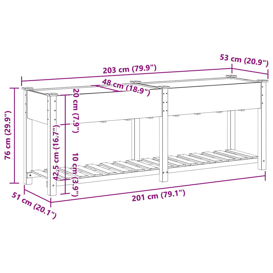 Tuinplanter Met Plank 203X53X76 Cm Massief Hout Vuren 203,5 x 53 x 76,5 cm