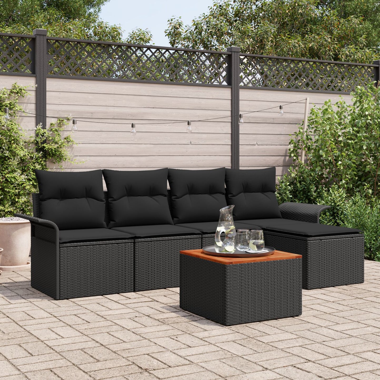 Tuin Sofa Set 6 Stuks Zwart En Houtlook Poly Rattan En Hout