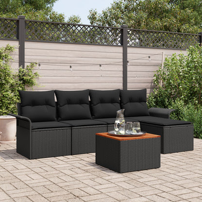Tuin Sofa Set 6 Stuks Zwart En Houtlook Poly Rattan En Hout