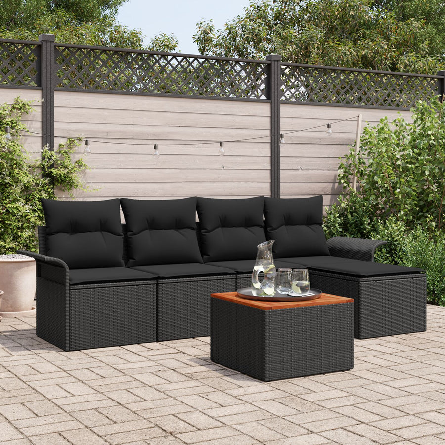Tuin Sofa Set 6 Stuks Zwart En Houtlook Poly Rattan En Hout