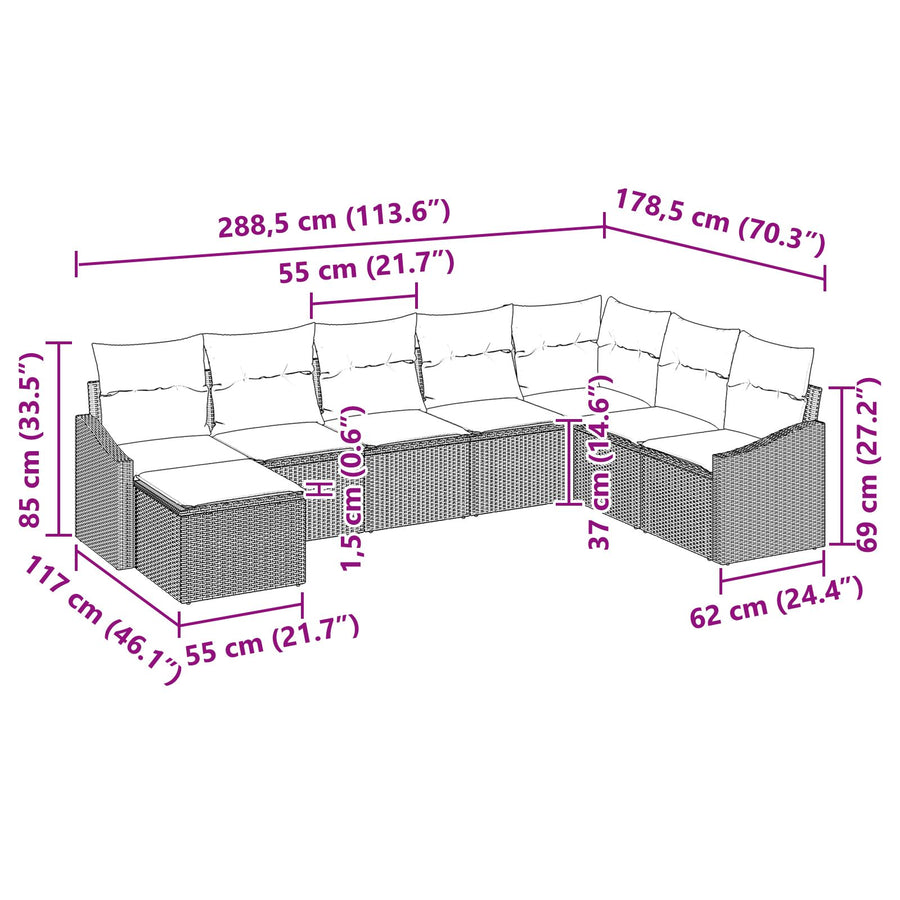 8-Delige Tuin Sofa Set Met Kussens Bruin Poly Rattan