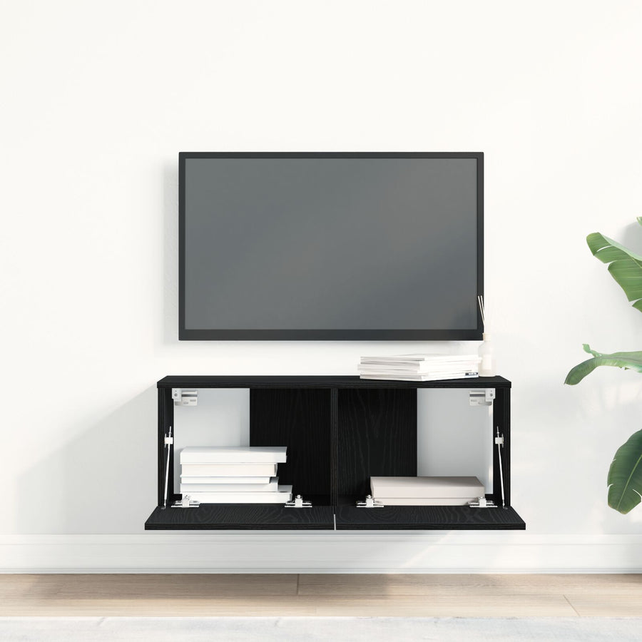 Tv Wandkasten (Set Van 2) - Zwart Eiken, 80X30X30 Cm, Gemaakt Van Bewerkt Hout