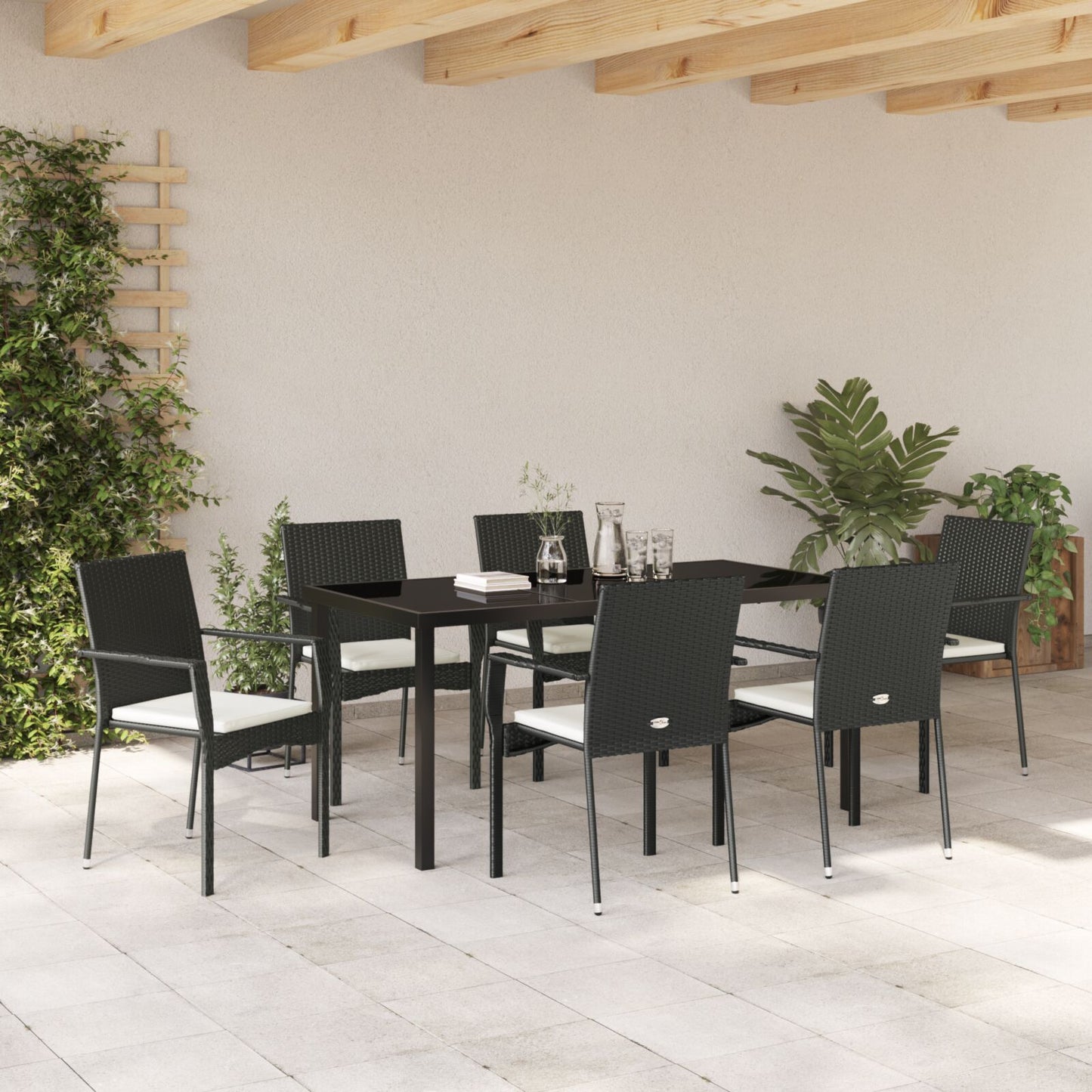 7-Delige Tuin Eettafelset Met Kussens Zwart Poly Rattan