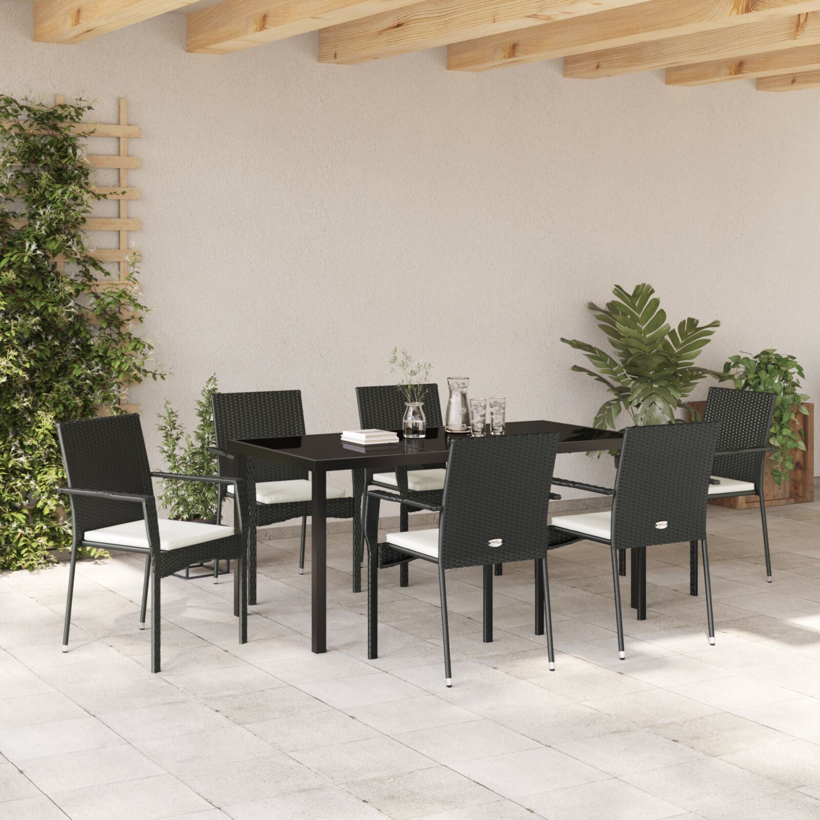 7-Delige Tuin Eettafelset Met Kussens Zwart Poly Rattan