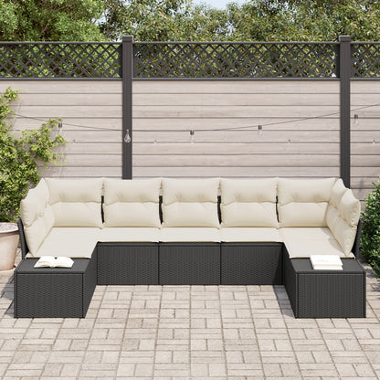 7-Delige Tuinbankset Met Kussen Zwart Poly Rattan