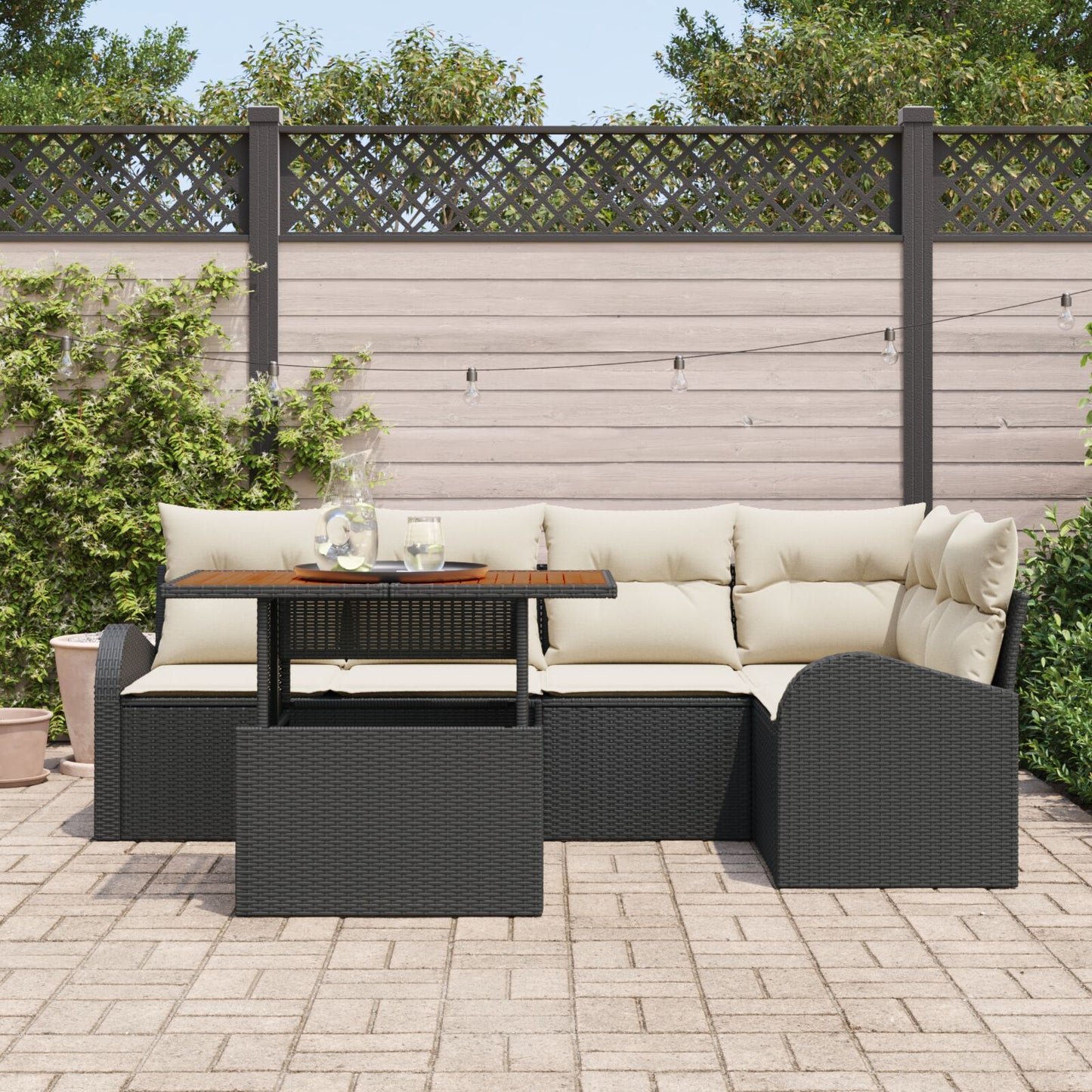 6-Delige Tuin Eetset Met Kussens Zwart Poly Rattan Acacia