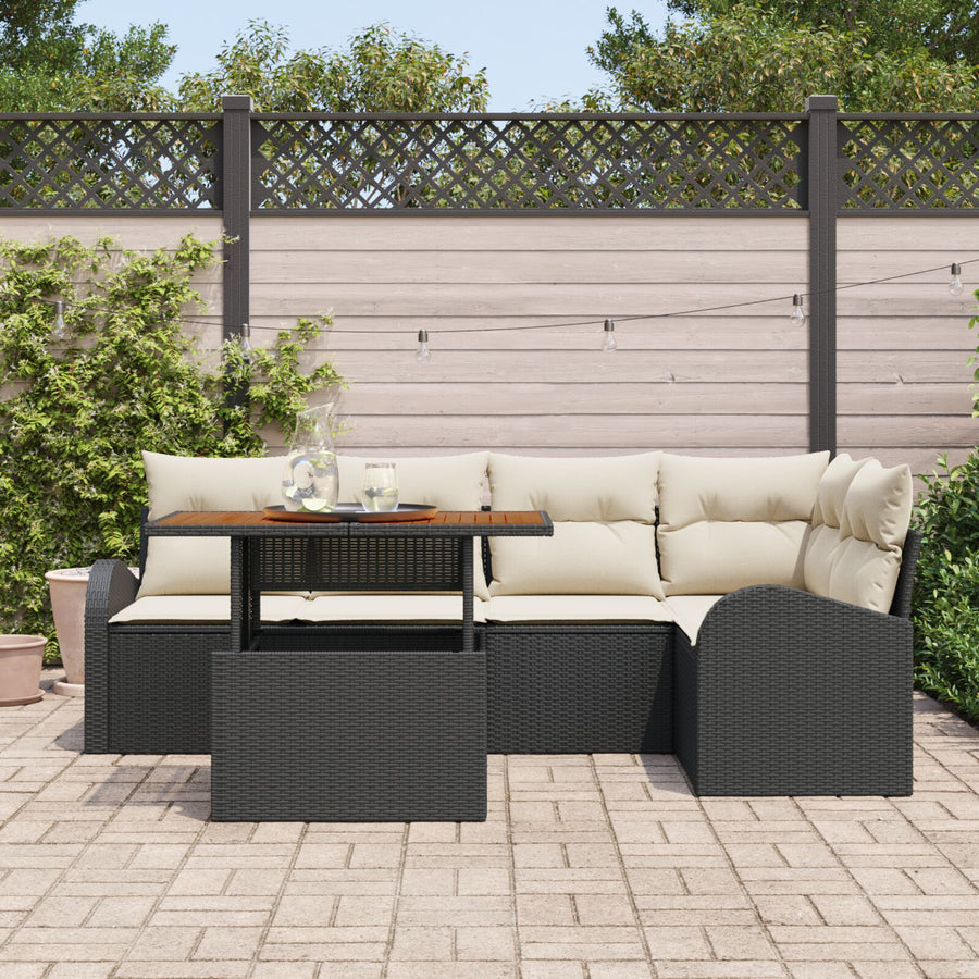 6-Delige Tuin Eetset Met Kussens Zwart Poly Rattan Acacia