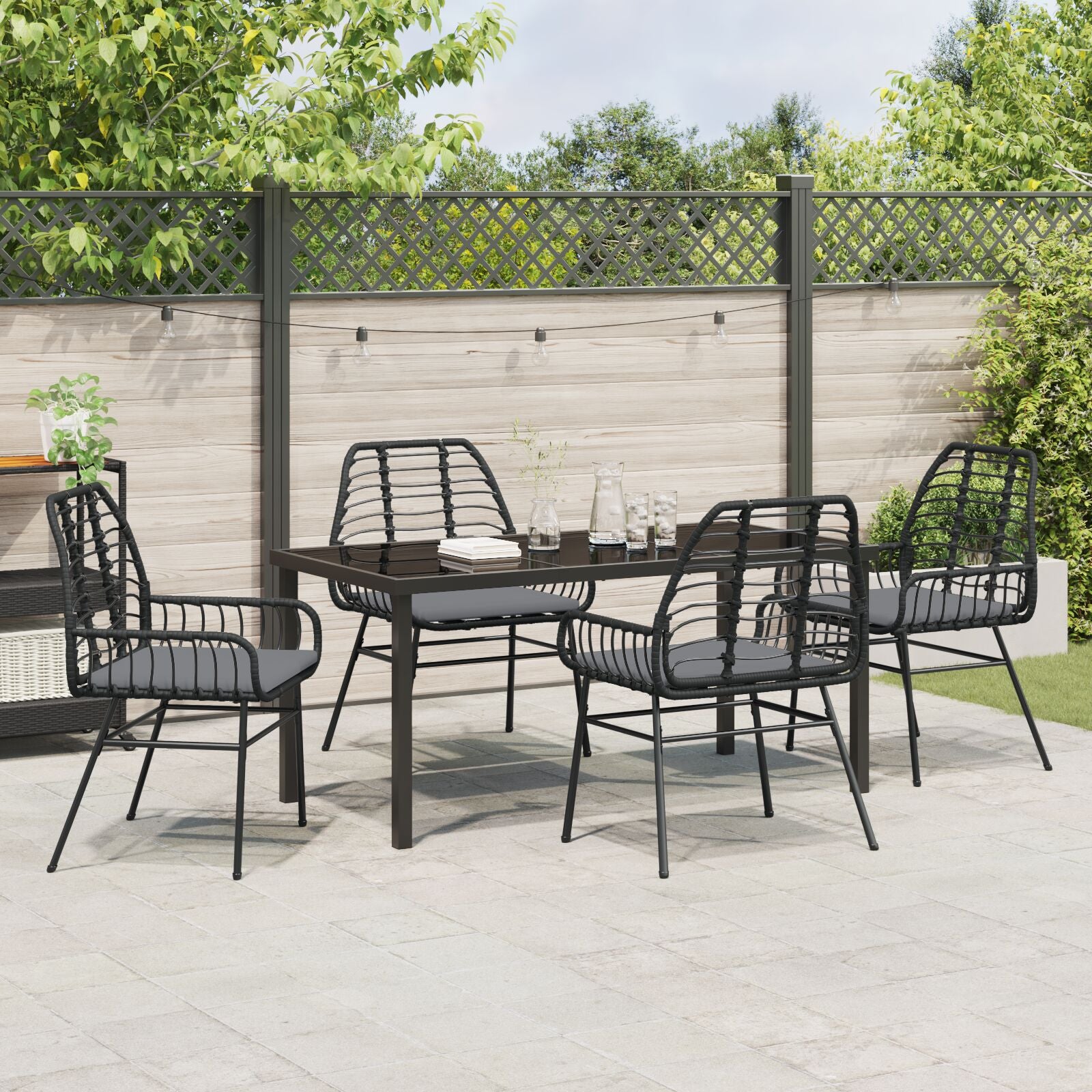 5-Delige Tuin Eetset Met Kussens Zwart Poly Rattan