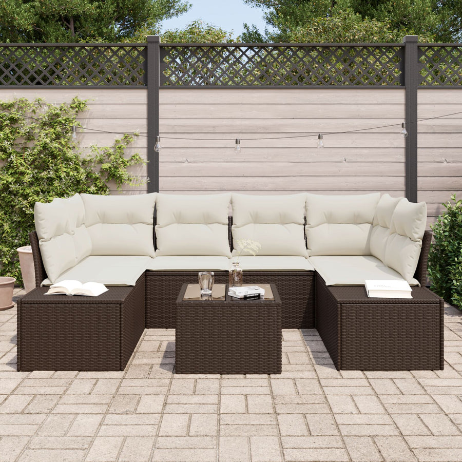 7-Delige Tuin Sofa Set Met Kussens Bruin Poly Rattan