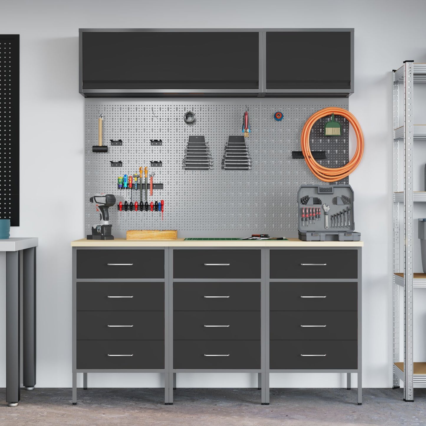 8-Delige Werkbank Set Staal 3x (85 cm) Zwart 3x kast + 3x pegboard + 2x kast met deur