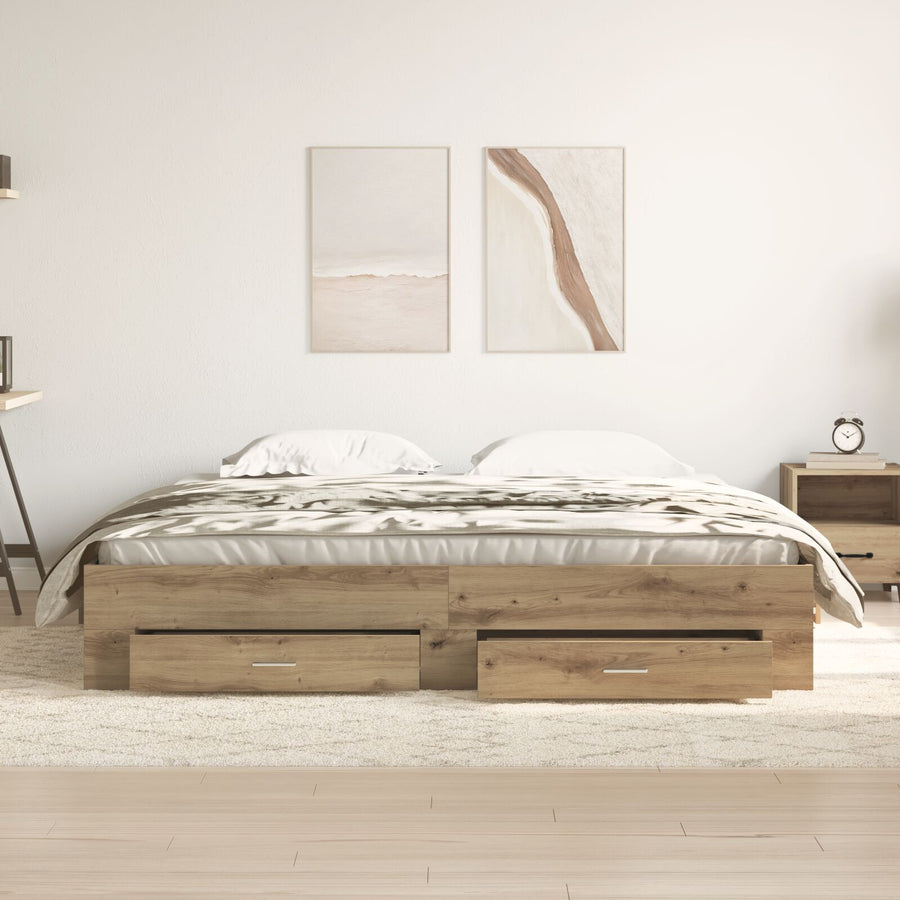 Bedframe Met Lades Artisan Eiken 180X200 Cm Geschikt Hout Ambachtelijk Eiken