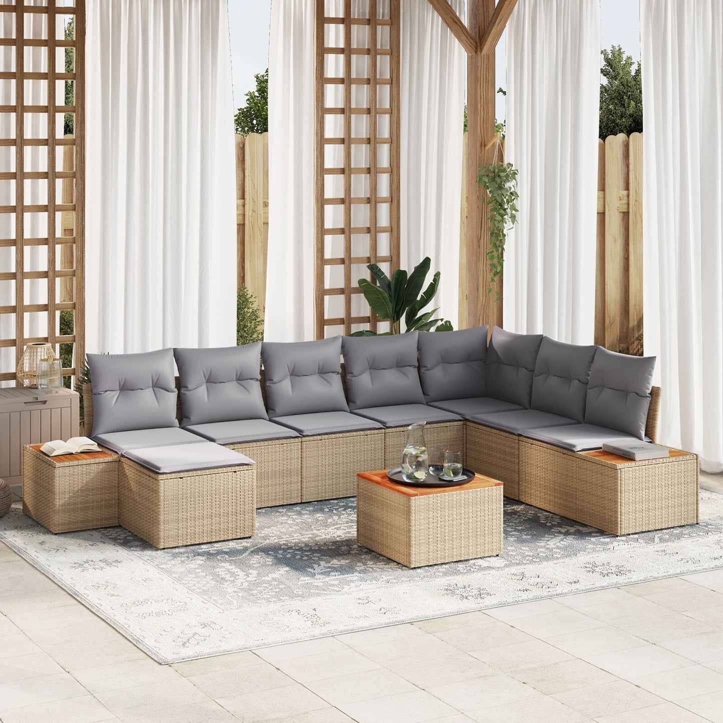 9-Delige Tuin Sofa Set Met Kussens Beige Poly Rattan Acacia