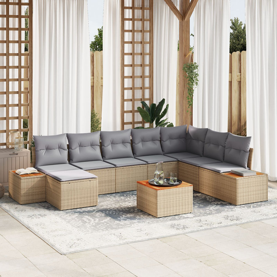 9-Delige Tuin Sofa Set Met Kussens Beige Poly Rattan Acacia