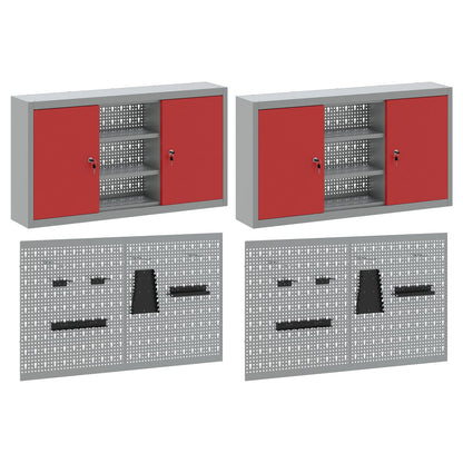 4-Delige Gereedschapskast En Pegboard Set Voor Aan De Muur In Rode Metalen Uitvoering