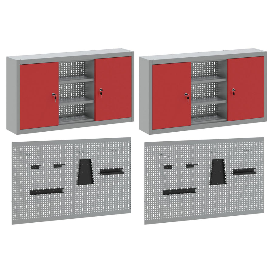 4-Delige Gereedschapskast En Pegboard Set Voor Aan De Muur In Rode Metalen Uitvoering