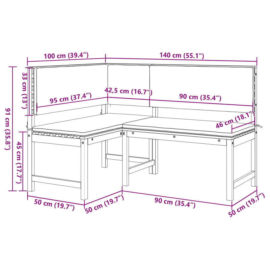 Tuhoekkussenbank Met Kussens 140X100X91 Cm Massief Acaciahout Crème wit L-vormige bank