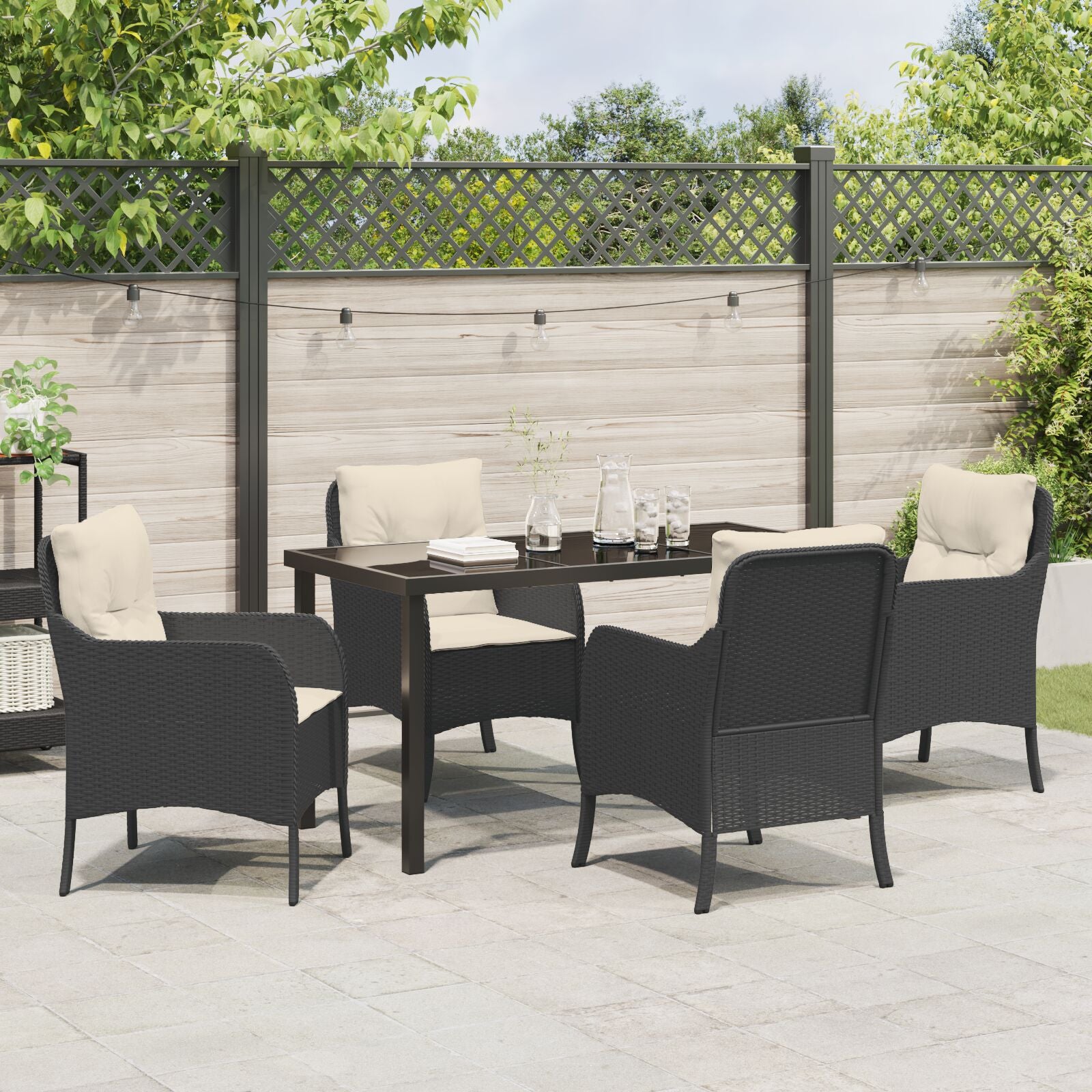 5-Delige Tuin Eetset Met Kussens Zwart Poly Rattan
