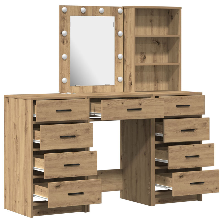 3-Delige Kaptafel Set Met Led In Artisan Eiken Bewerkt Hout