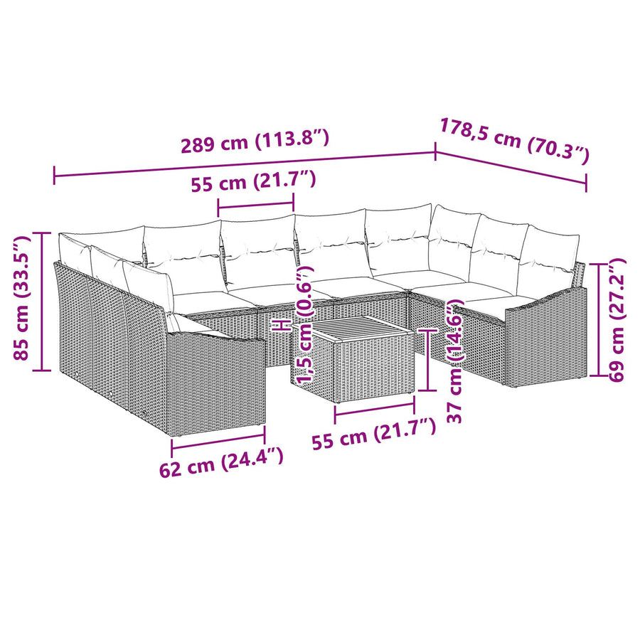 10 Delige Tuin Sofa Set Met Kussens Grijs Poly Rattan Acacia