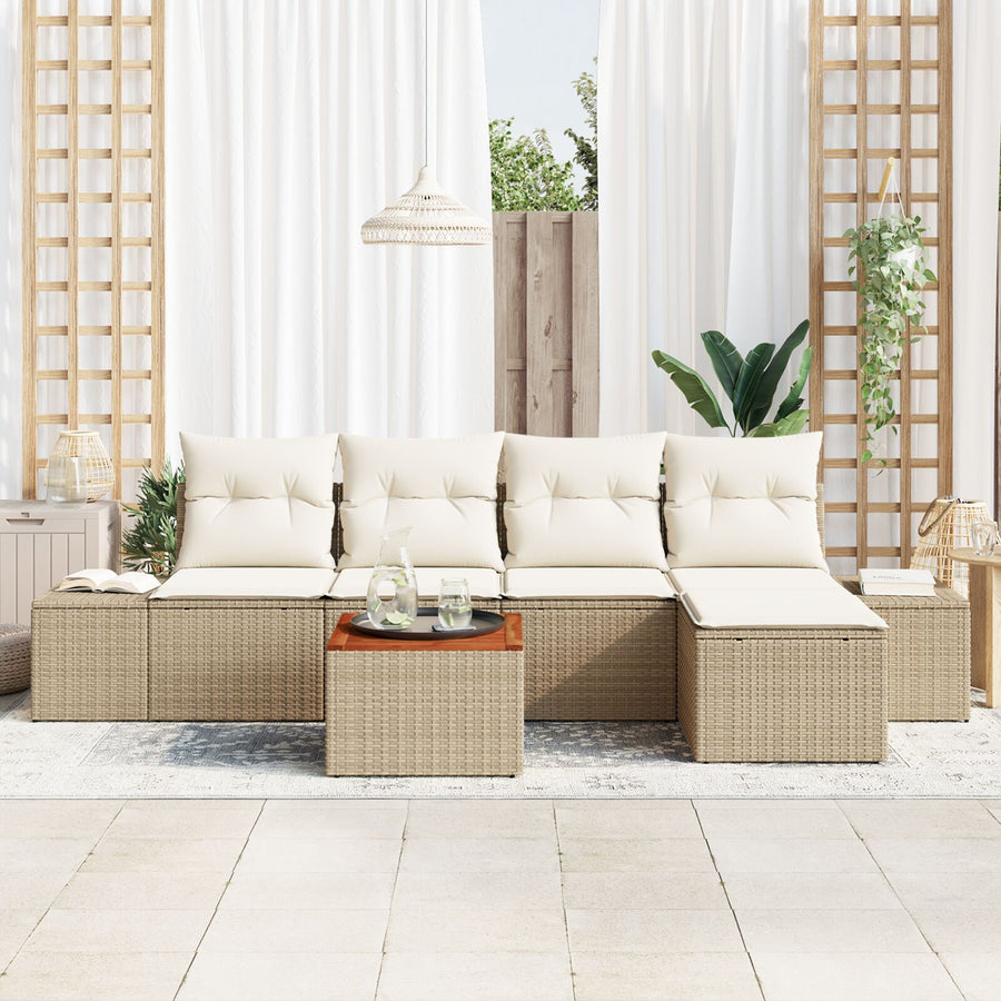 6 Stuk Tuin Sofa Set Met Kussens Beige Poly Rattan Acacia