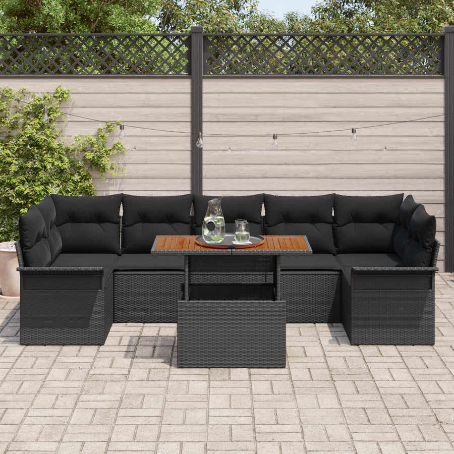 8-Delige Tuin Sofa Set Met Kussens Zwart Poly Rattan Acacia