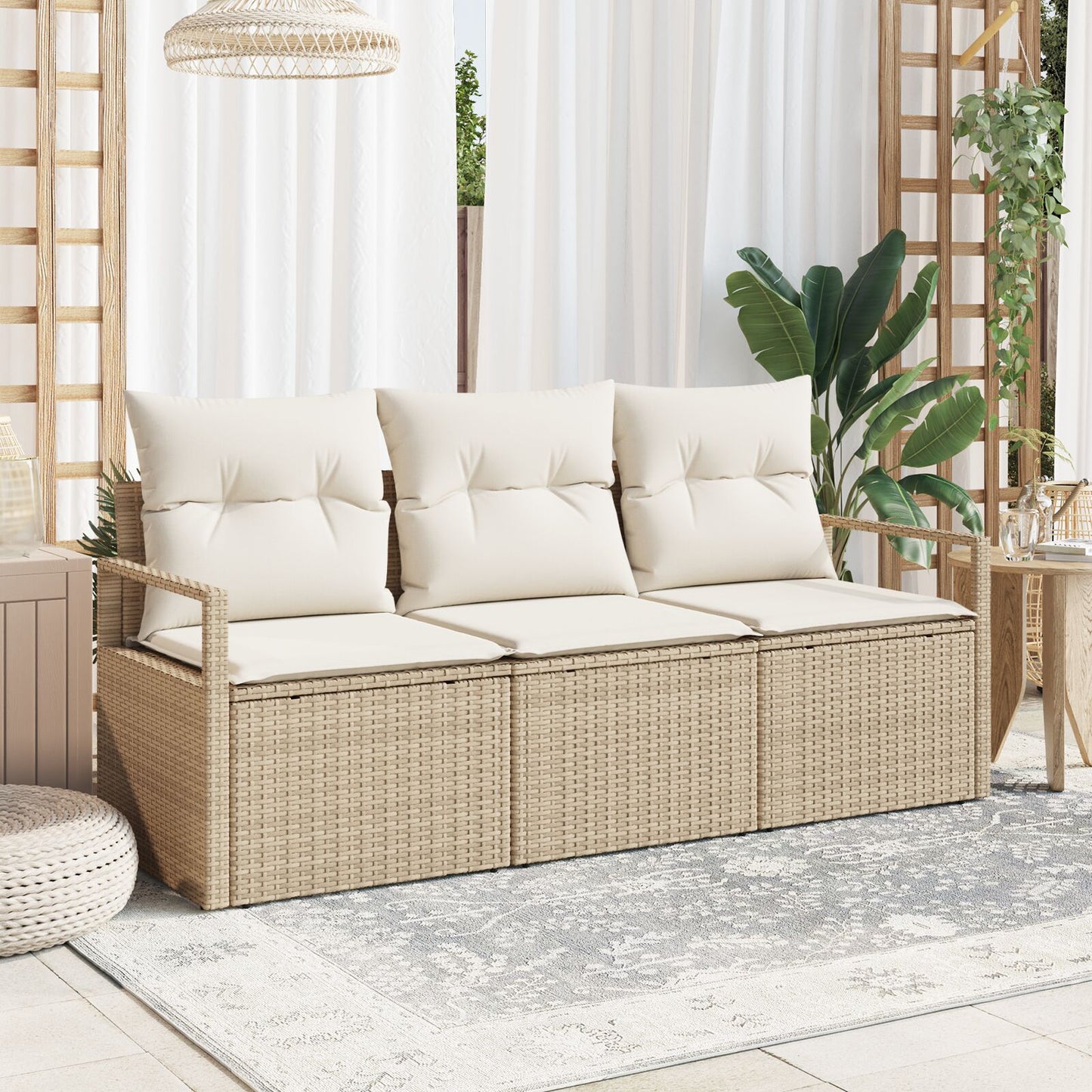 3-Delige Tuinsofa Set Met Kussens Beige Poly Riet, 2-Zits Tuinsofa Met Opbergruimte & Kussens Beige Poly Riet Gegalvaniseerd Staal