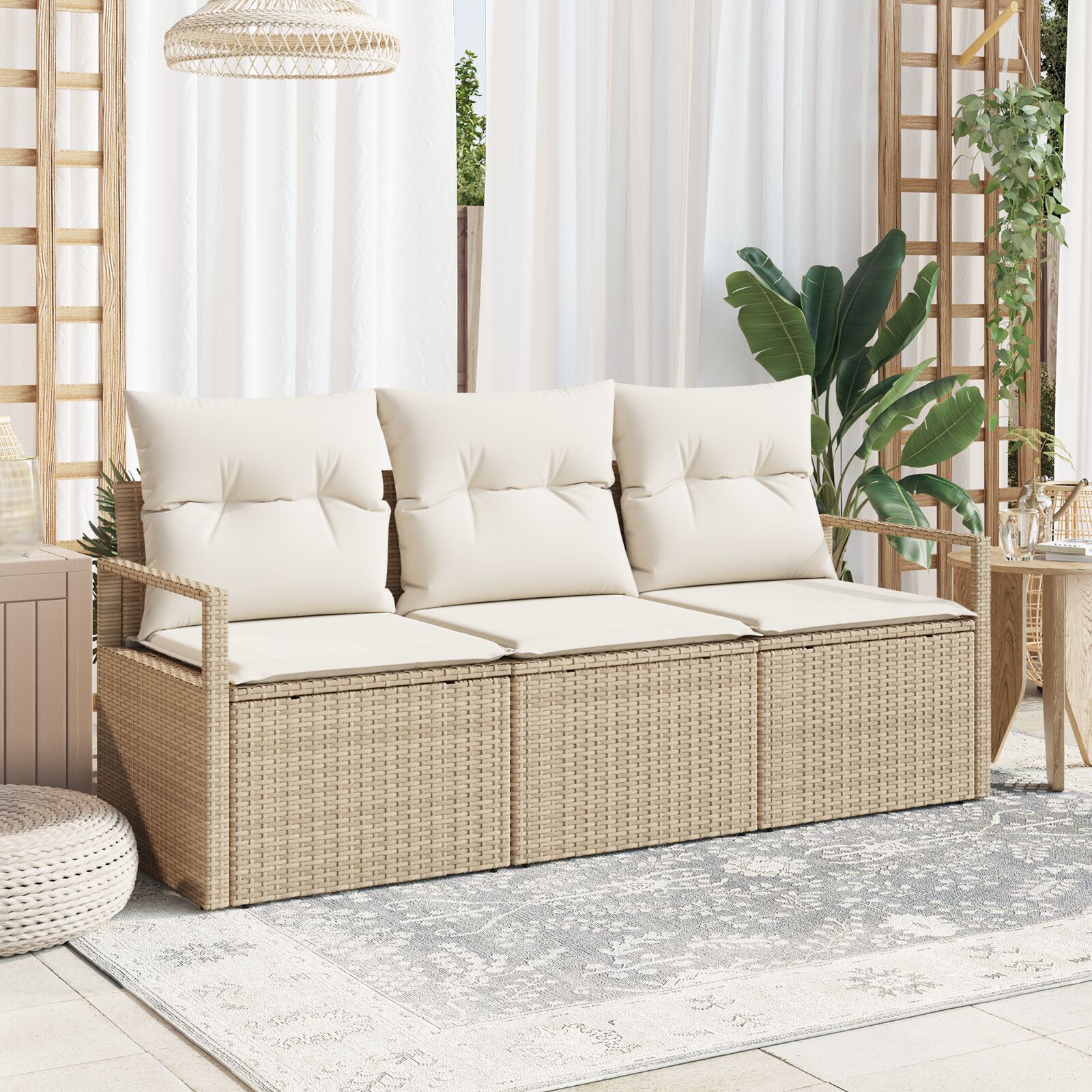 3-Delige Tuinsofa Set Met Kussens Beige Poly Riet, 2-Zits Tuinsofa Met Opbergruimte & Kussens Beige Poly Riet Gegalvaniseerd Staal