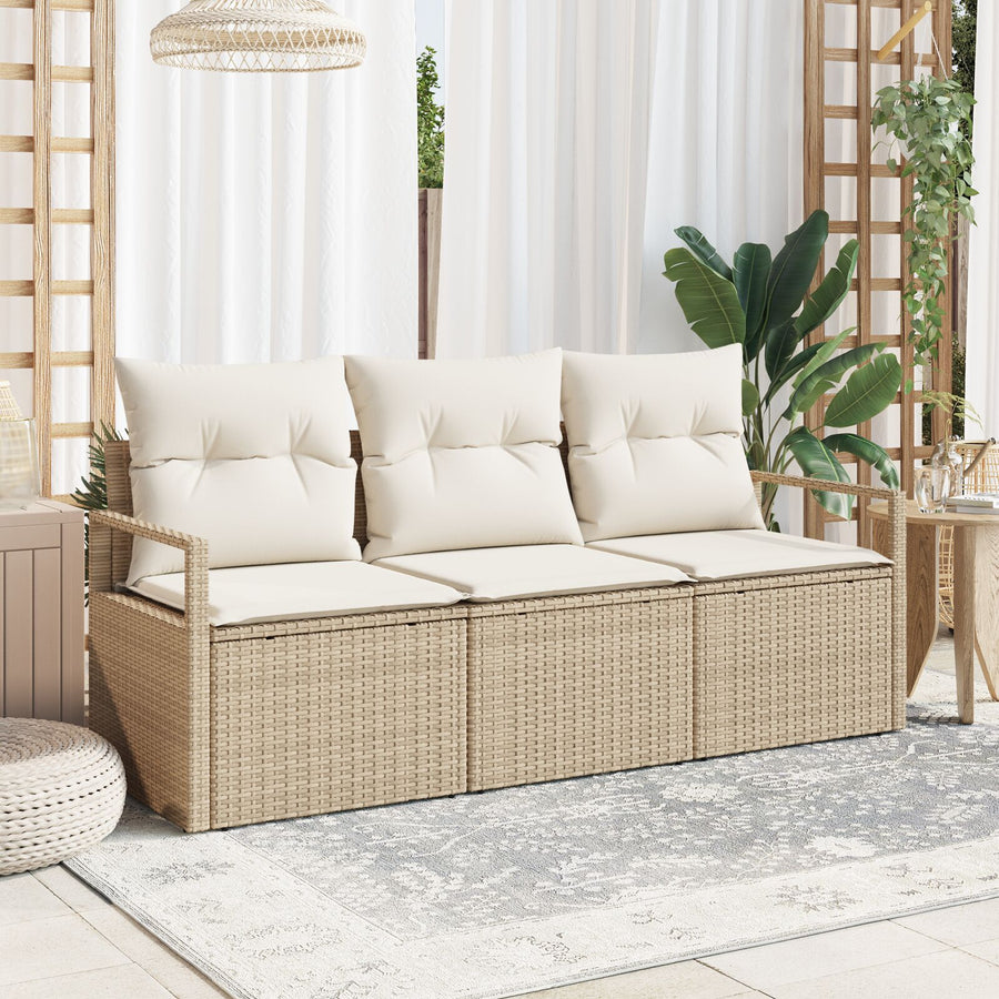 3-Delige Tuinsofa Set Met Kussens Beige Poly Riet, 2-Zits Tuinsofa Met Opbergruimte & Kussens Beige Poly Riet Gegalvaniseerd Staal