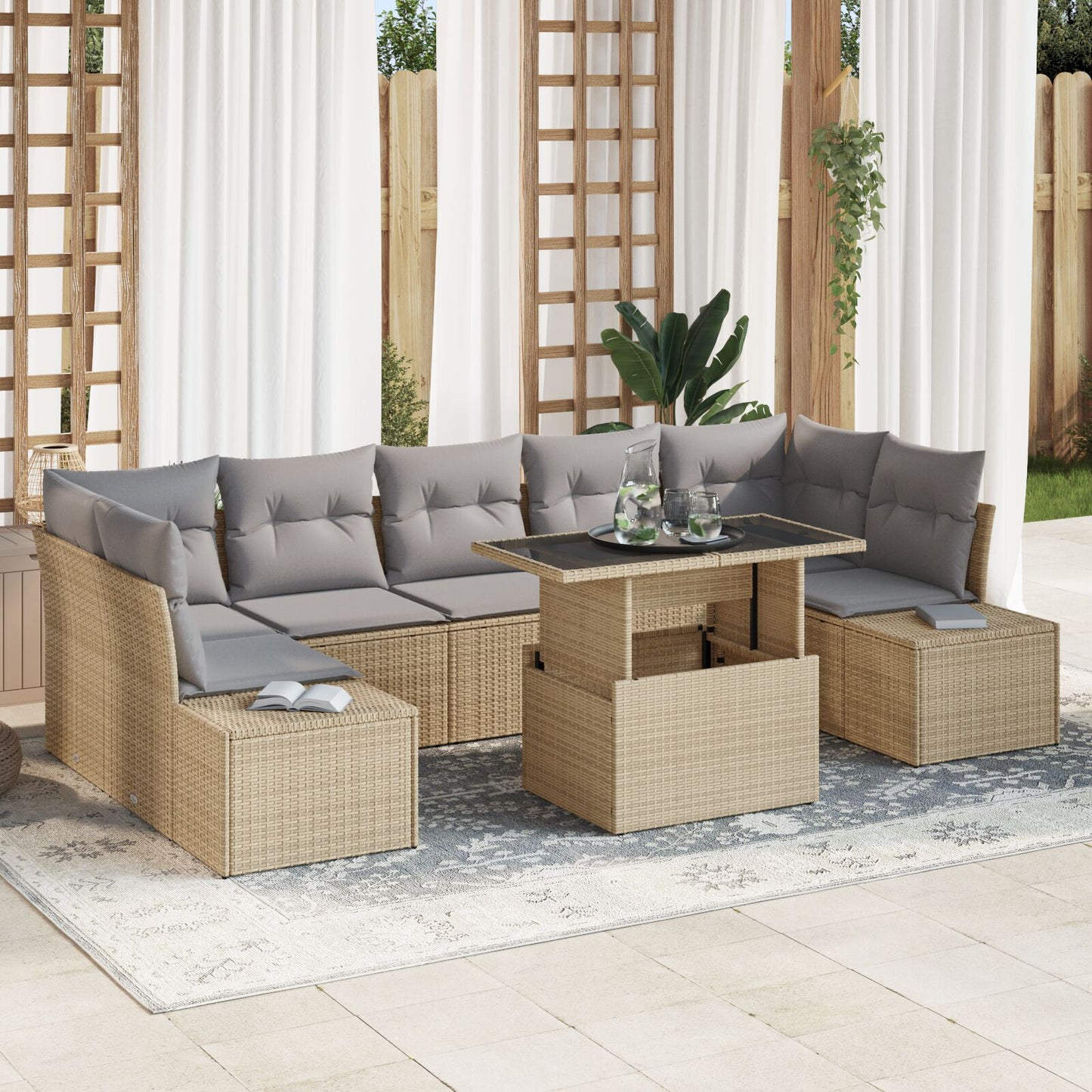 Tuinbankset Set Van 8 Beige Polyethyleen Rattan Tuinbankset