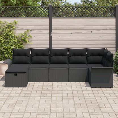 7-Delige Tuin Sofa Set Met Kussens Zwart Poly Rattan