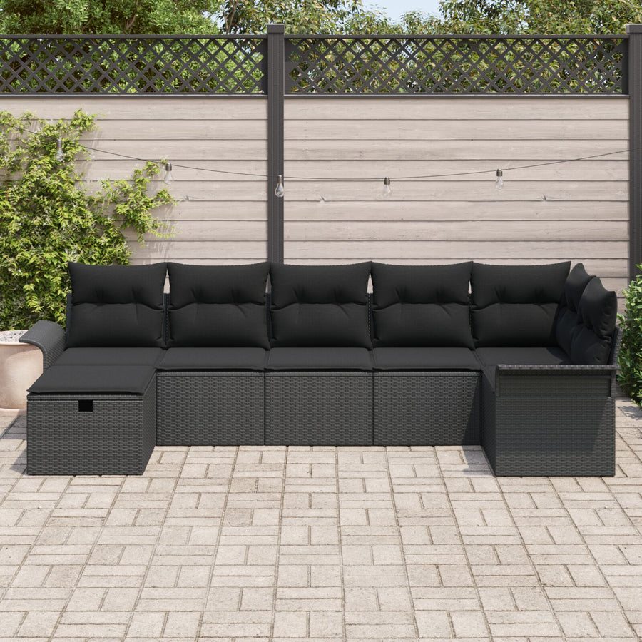 7-Delige Tuin Sofa Set Met Kussens Zwart Poly Rattan