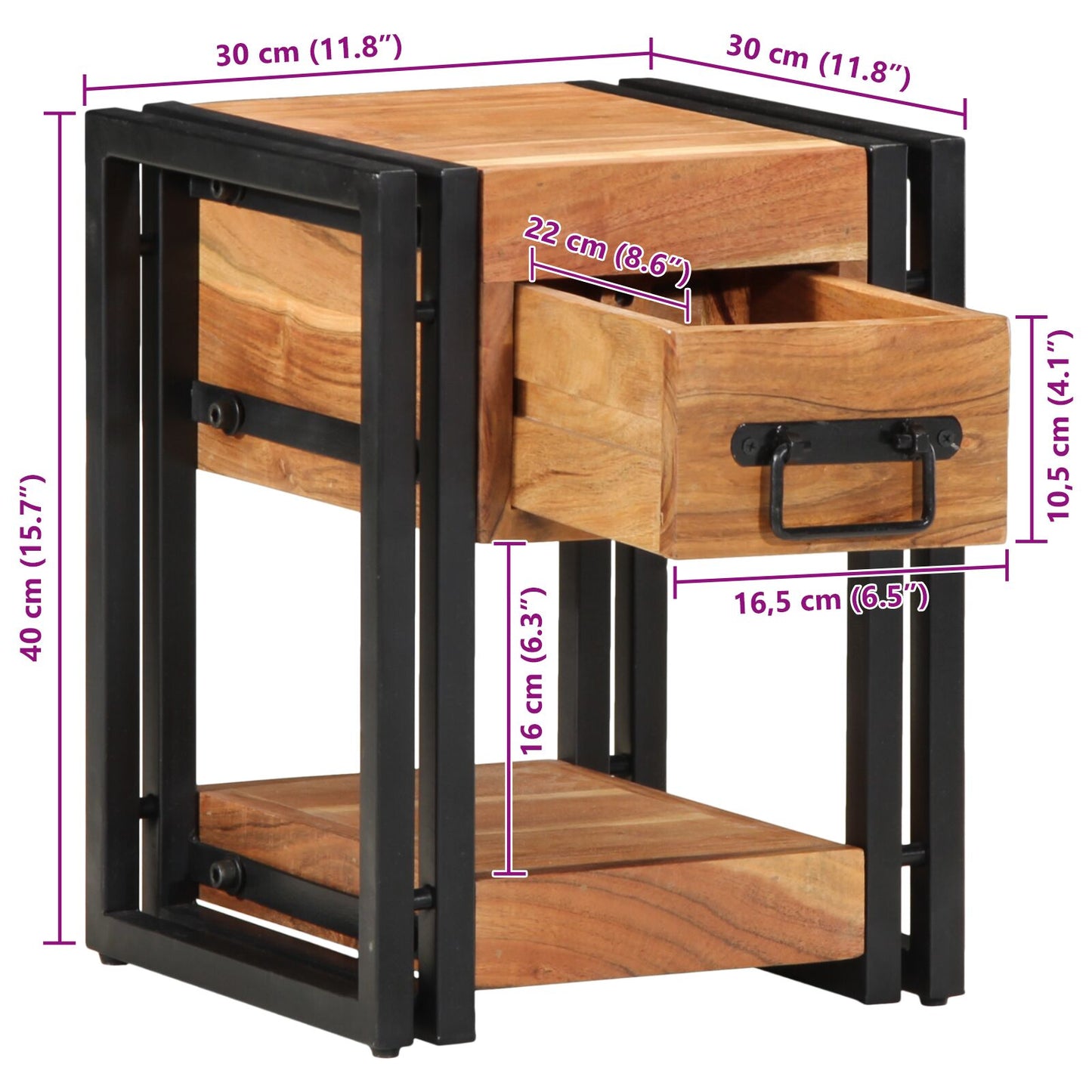 Nachtkastje 1 30 x 30 x 40 cm Massief acaciahout