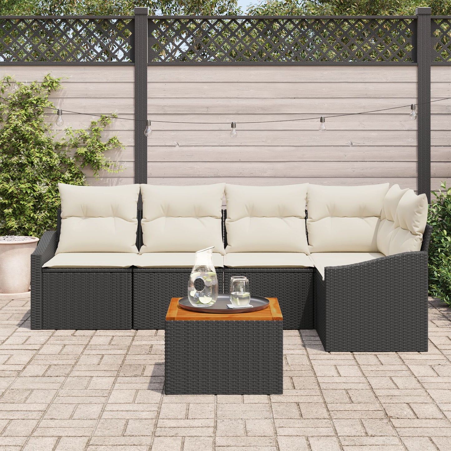 6-Delige Tuin Sofaset Met Kussens Zwart Poly Rattan Acacia