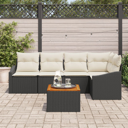 6-Delige Tuin Sofaset Met Kussens Zwart Poly Rattan Acacia
