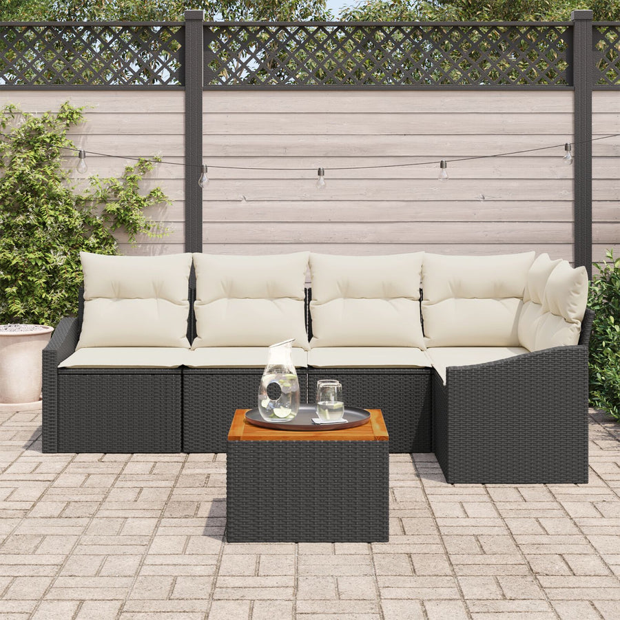 6-Delige Tuin Sofaset Met Kussens Zwart Poly Rattan Acacia