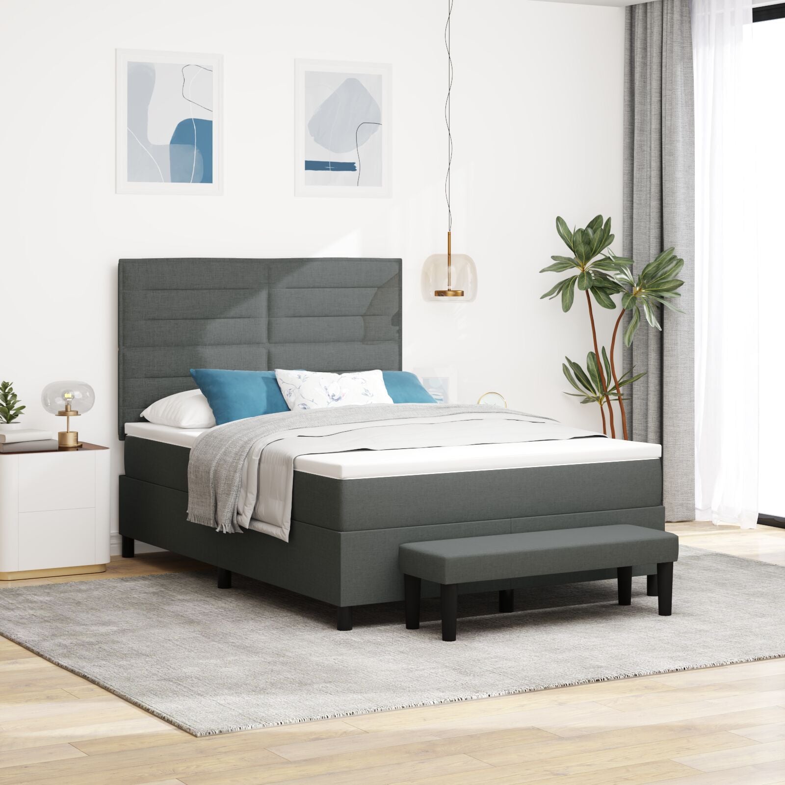 Boxspringbed Met Matras & Bank Stof Donkergrijs 160 x 200 cm Lijnen ontwerp