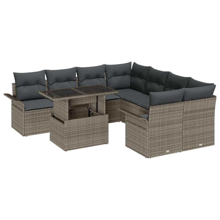 9-Delige Tuinbank Set Met Kussens Grijs Poly Rattan