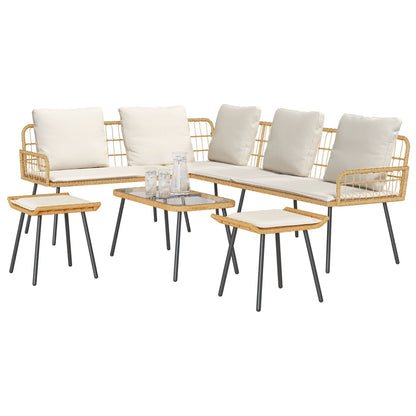 4-Delige Tuinsofa Set Met Kussens Van Poly Rattan Natuurlijk Bank + tafel + voetsteun