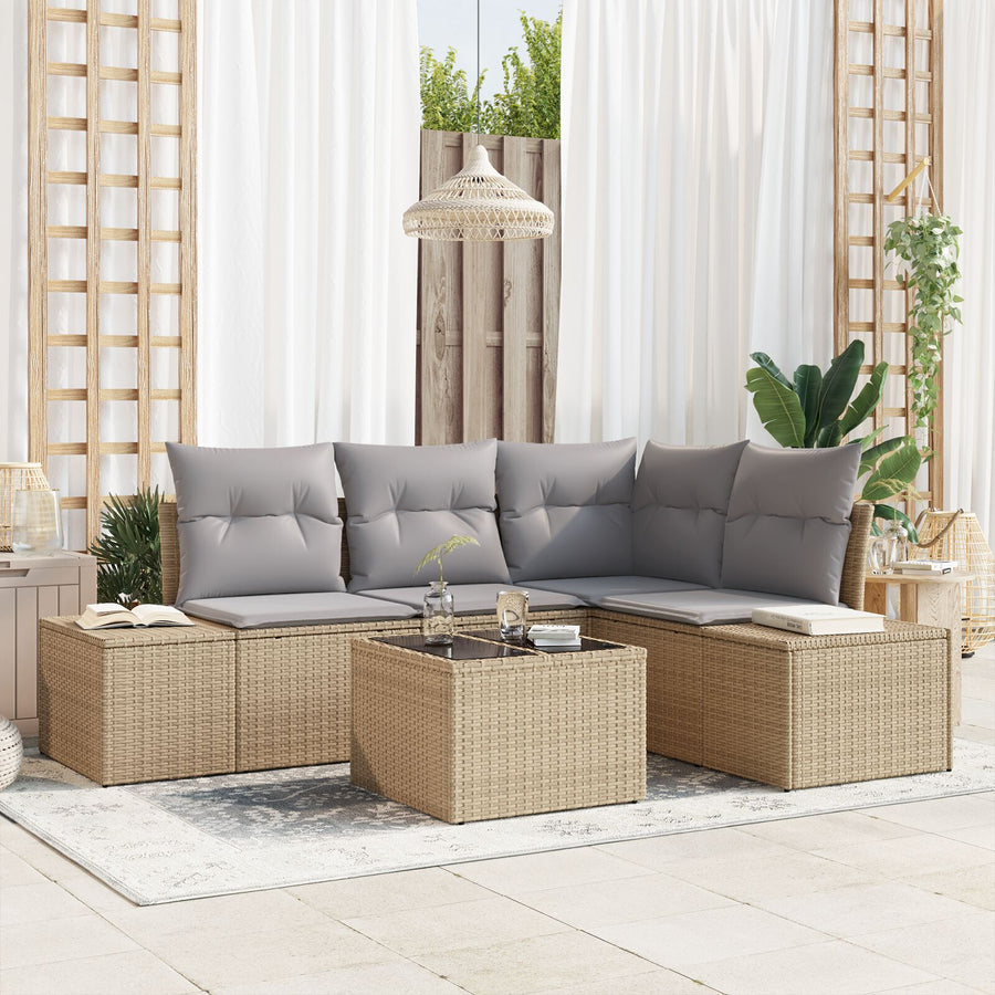 5-Delige Tuin Sofa Set Met Kussens Zwart Poly Rattan Beige en Lichtgrijs met tafel
