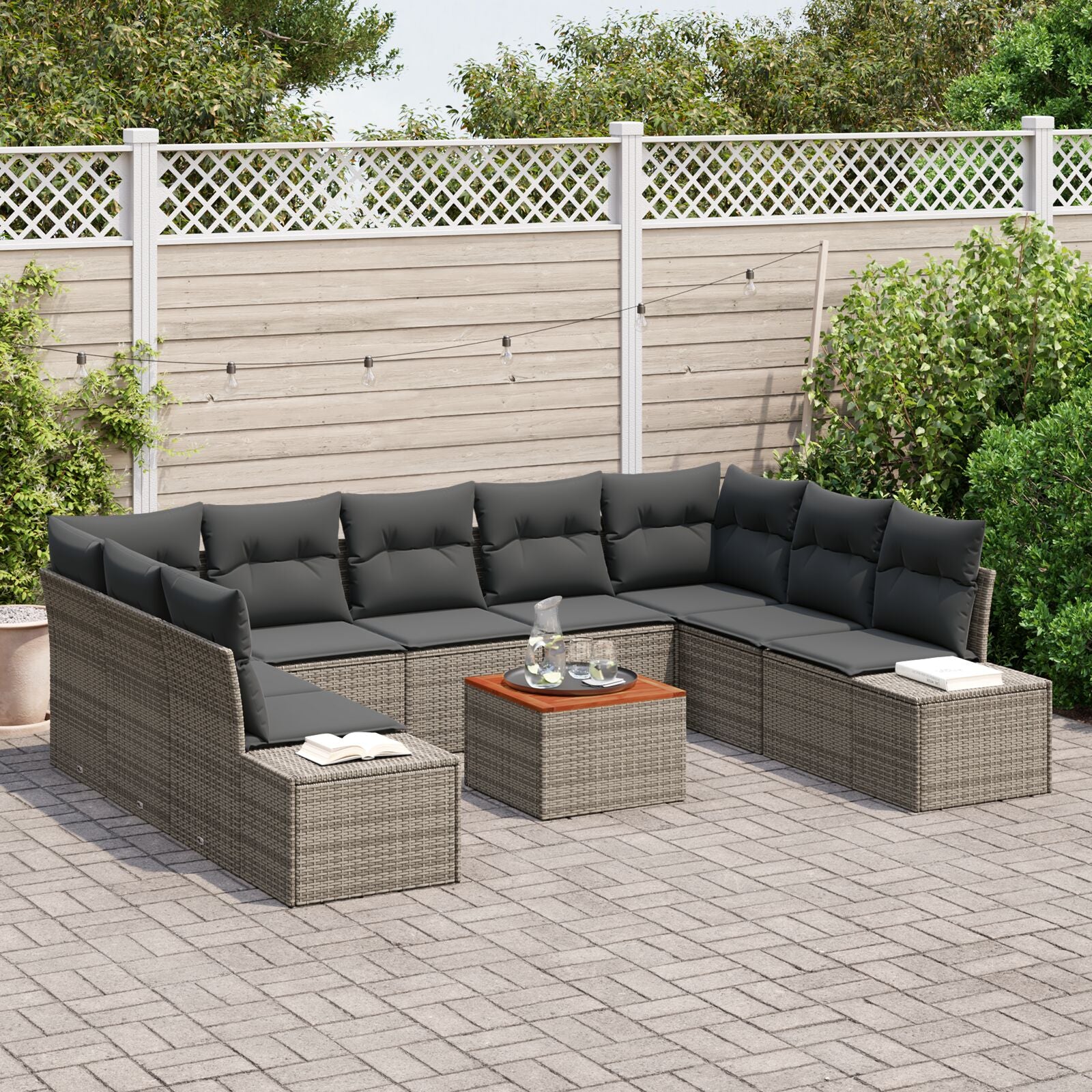 10-Delige Tuin Sofa Set Met Kussens Grijs Poly Rattan Acacia