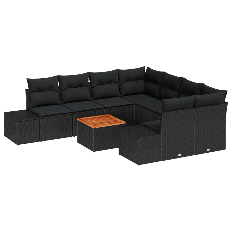 9-Delige Tuinbankenset Met Kussens Zwart Poly Rattan Acacia