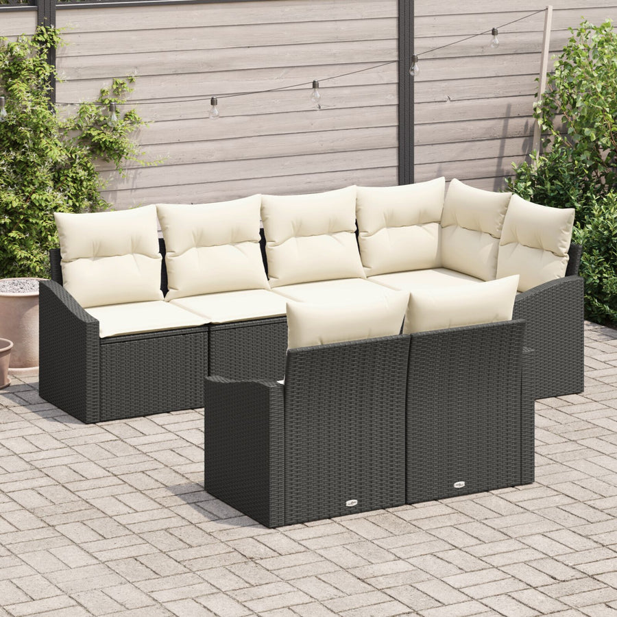 7-Delige Tuin Eetset Met Kussens Zwart Poly Rattan