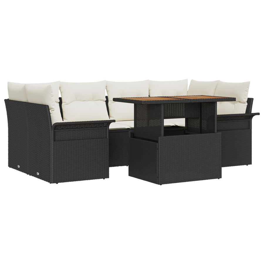 7-Delige Tuin Sofaset Met Kussens Zwarte Poly Rattan Acacia